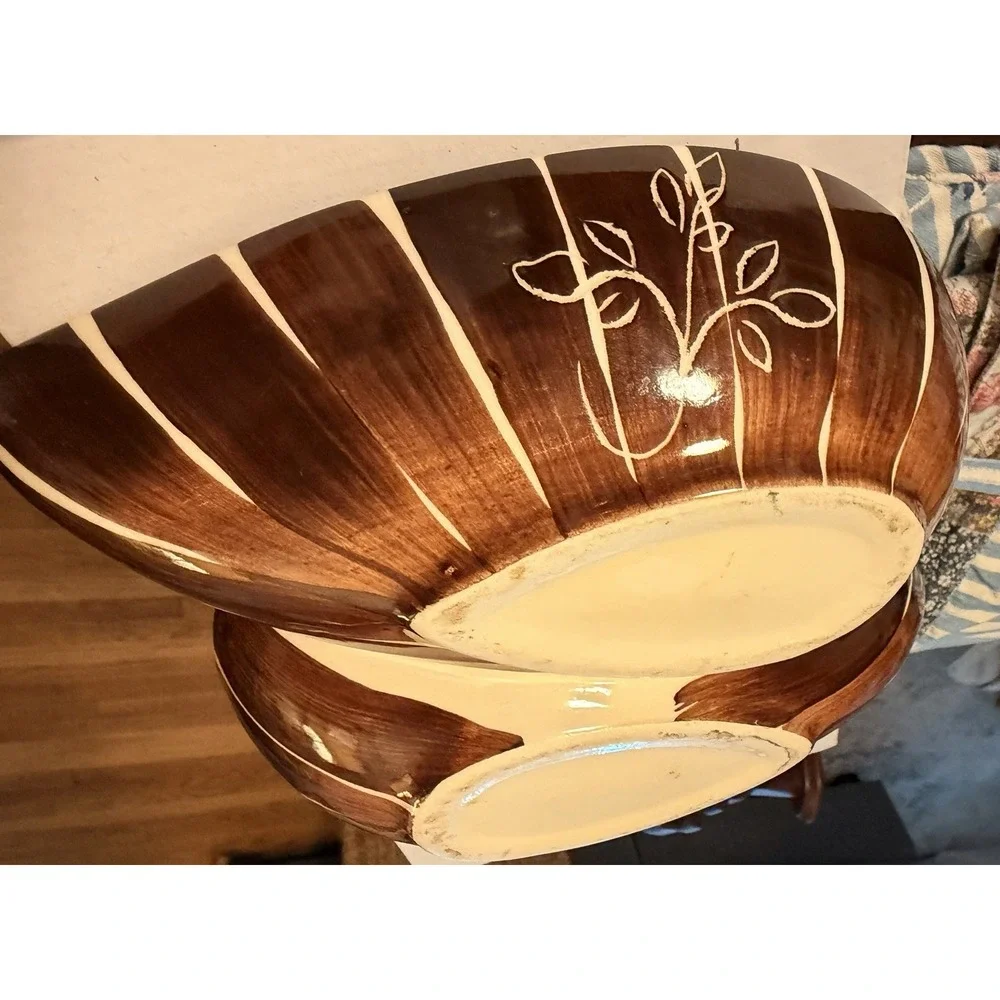 Vintage MCM Sgraffito Pottery Divided Serving Dish & Handled Bowl Brown Cream